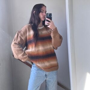 Vintage Hand Knit Sweater XL Brown Ombre Stripe Crewneck Oversized Boho Pullover
